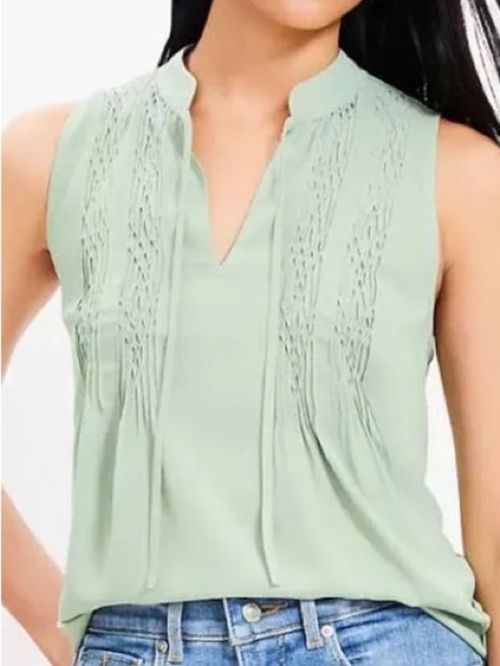 LOFT Mint Green Front Tie Neck Mixed Media Top